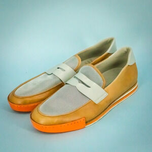 Dirk Bikkembergs 44 Size 10.5 US Tan Orange Grey Leather Metal Loafers Shoes